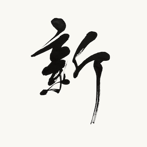 May include: A black ink calligraphy character on a plain white background. The brushwork displays varying stroke thickness and texture, characteristic of traditional East Asian ink wash painting techniques, forming the kanji character for new.