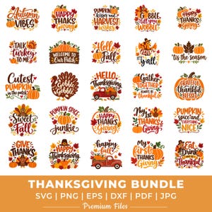 May include: A digital collection of twenty-five Thanksgiving-themed graphic designs featuring pumpkins, turkeys, autumn leaves, and trucks. The text includes phrases like Autumn Vibes, Happy Thanksgiving, and Pumpkin Spice Junkie in various fonts.