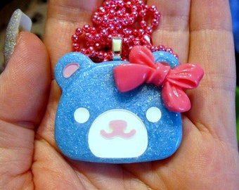 Kawaii Bear Necklace~Sparkly Blue~Handmade Resin