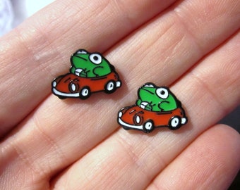 Frog in Car Earrings~Hypoallergenic