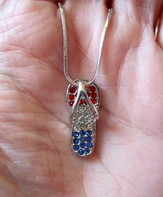 Patriotic Flip Flop Necklace~Sterling Silver~Red, 