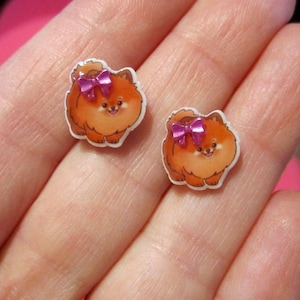 Pomeranian Earrings Dog~Purple Hair Bow~Resin~Hypoallergenic