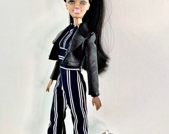 Fashion doll stripe jump suit, fashion leather jacket,  11.5” fashion dolls clothes,  realistic doll clothes