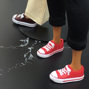 Curvy Fashion doll sneakers, larger flat feet, black doll sneakers shoes, red shoes, Doll sneakers, Fits 1987 Skipper also