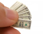 Miniature bundle money, stack dollar bills, Barbie size, miniature cash
