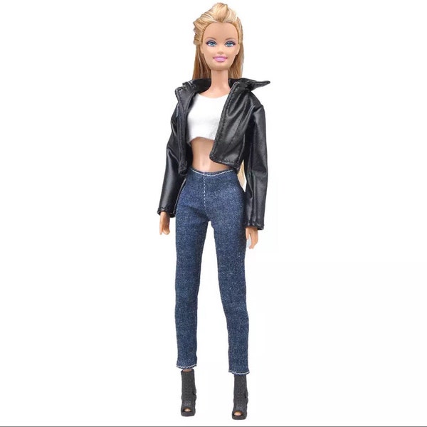 4 pc Set, Black leather Fashion doll jacket, classic look crop top and leather pants, blue jeans, assorted shoes incl. boots, doll clothes