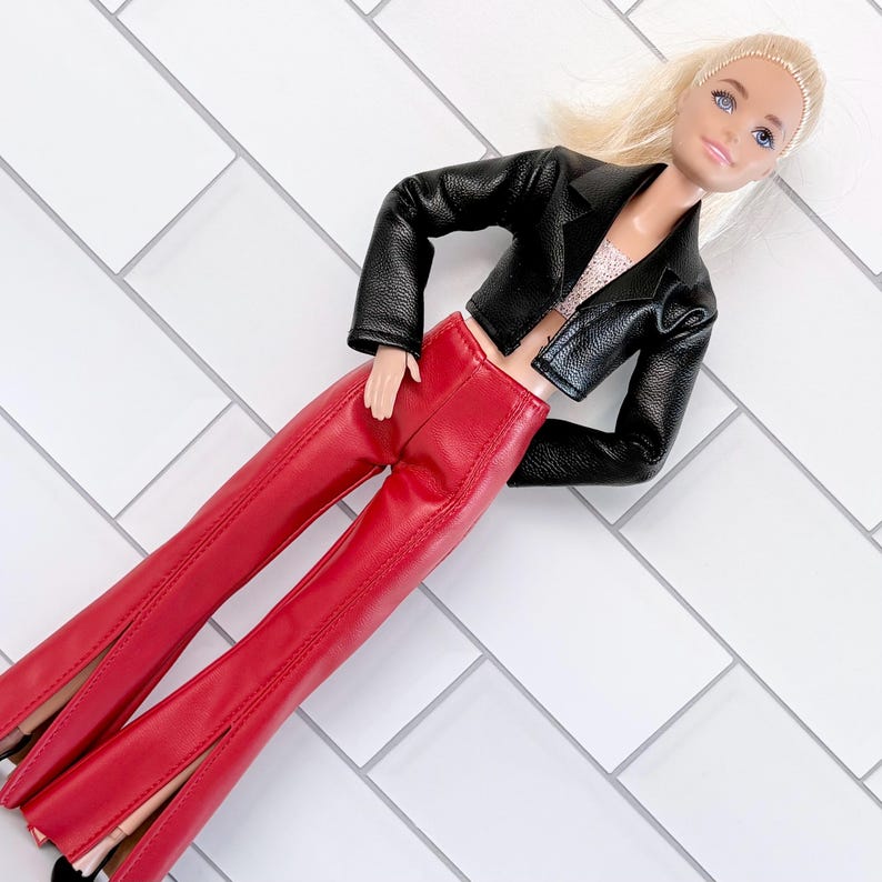 trendy faux red leather bell bottom pants, with black faux, leather, crop jacket, pink top top, black sling Back pumps4 pc set