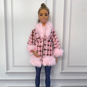 3 piece set Pink Fashion doll outfits, fashion doll pink fluffy  jacket, faux fur trim jacket, doll outfits, doll clothes