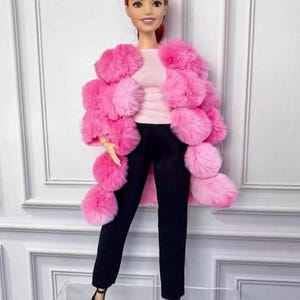 Curvy Doll Clothes – Black Pants, Pink Fluffy Coat, or Denim Outfit – Fits 1/6 Scale MTM Fashion Dolls