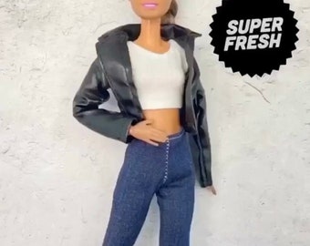 4 pc Set, Black leather Fashion doll jacket, classic look crop top and leather pants, blue jeans, assorted shoes incl. boots, doll clothes