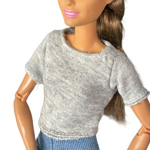 Fashion doll T shirt and jeans, MTM denim jeans, doll pants, pink doll skates, made to move cuffed jeans