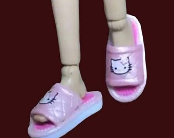 Fashion doll bath shoes, Doll slippers With cats on them, Cute pink doll slippers, robe and pajamas