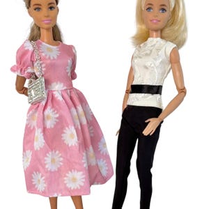 Dress for dolls, black pants and top for regular fashion doll, 1:6 scale doll clothes, floral dress shoes outfit, classic  summer dress