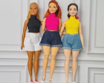 Curvy Doll Clothes, Shorts, Tops, Red Platform Shoes, 1:6 Scale