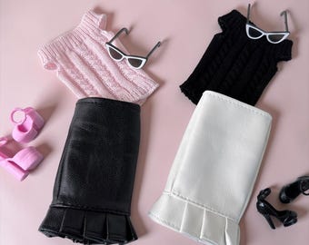 Faux Leather doll outfit:  Skirts, Shoes, Sunglasses, Pink platform shoes for 11.5” fashion dolls