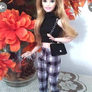 Fashion doll plaid black pants, clothes for regular dolls, slacks, tops and shoes included
