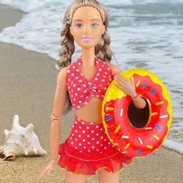 Moveable Fashion doll red polka dot bathing suit, 11.5" doll swimsuit, modest doll swim wear, doll clothes, life ring