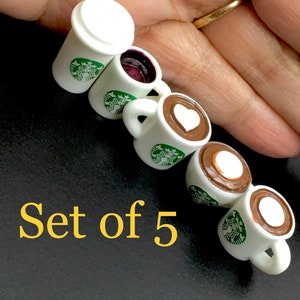 Fashion doll play food, Set 5 Miniature coffee cups, realistic minis, 1/6 scale, doll size drink