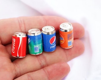 4 pc. 1:12 scale Soda Beverage Can, Miniature Soda Can, mini Soda Pop Cans, Mini Drink can, Dollhouse accessories