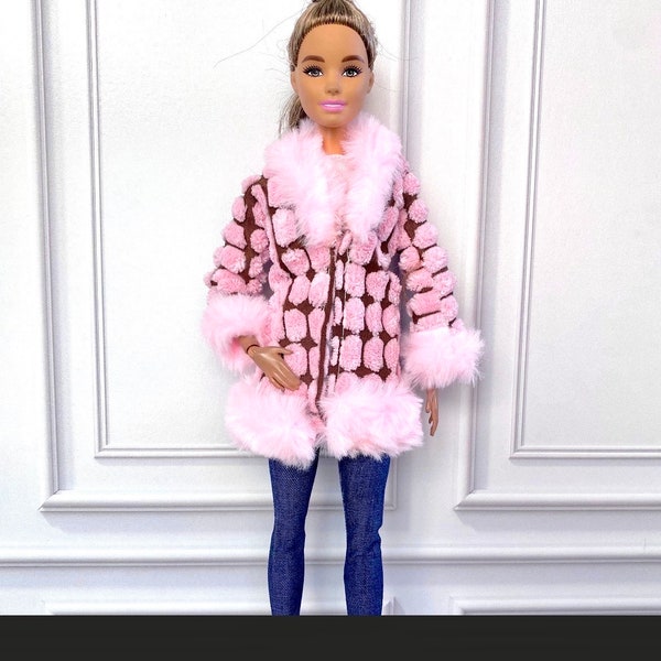 Pink Fashion doll outfit, fashion doll pink velour coat faux fur, fur trim jacket, doll winter coat, doll clothes