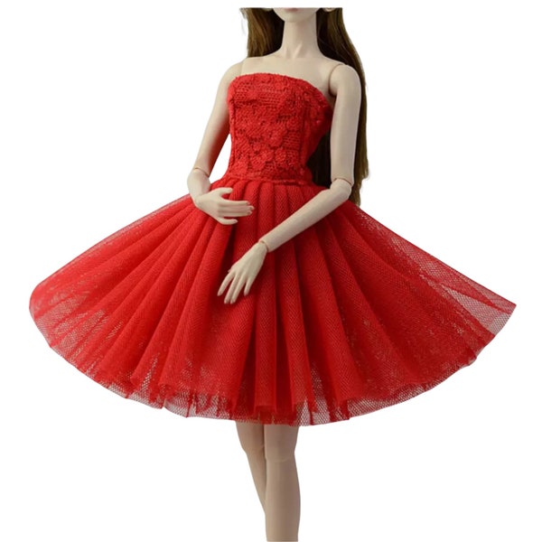 Fashion doll wedding fancy dress, fashion doll evening gown, doll red cocktail dress, white tulle doll dress