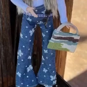 11.5” Fashion doll butterfly jeans, MTM denim jeans, doll pants, white doll sneakers, made to move, bell bottoms