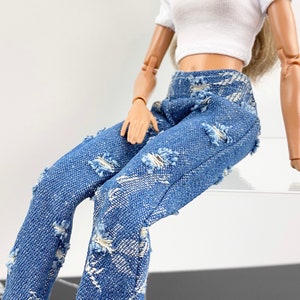 Fashion doll distressed blue jeans, MTM denim jeans, flowered doll pants, some with doll shoes, made to move