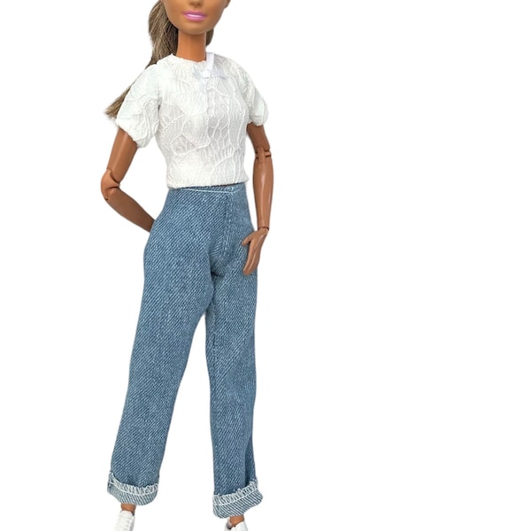 Fashion doll jeans, MTM denim jeans, polka dot doll pants, red doll shirts, blue Mtm doll shirts, doll pants