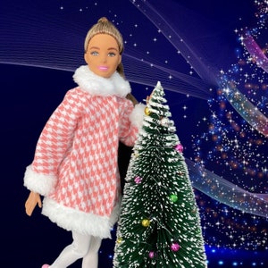 Fashion doll pink coat, Pink Hounds tooth coat fits MTM, pink shoes included, white fur trimmed coat, doll pink jacket