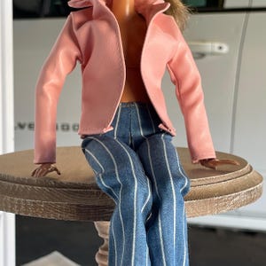 Fashion doll denim jeans, doll denim pink leather jacket, fashion doll casual jeans, doll pants, 1/6 scale doll clothes