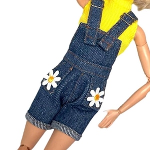 Fashion doll clothes for regular Mtm doll, 1:6 scale doll overall shorts, daisy patch overall, denim doll outfit, bell bottom