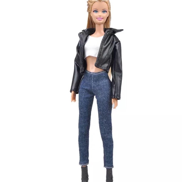 4 pc Set, Black leather Fashion doll jacket, classic look crop top and leather pants, blue jeans, assorted shoes incl. boots, doll clothes