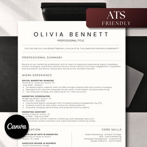 Puede incluir: Una plantilla de currículum profesional con un diseño blanco limpio y texto en negro. El documento incluye secciones para resumen profesional, experiencia laboral, educación y habilidades clave, con el nombre Olivia Bennett.