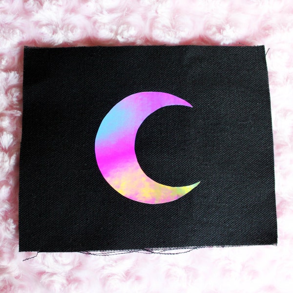 Holographic Crescent Moon Sew-On Black Canvas Patch, Handmade, Punk Patches, Moon Patch, Iridescent, Rainbow, Celestial, Kawaii, Fairy-Kei