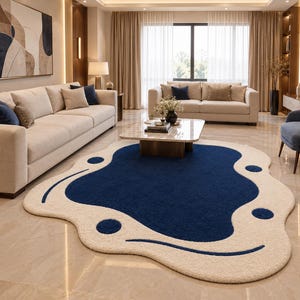 Navy Blue Irregular Shaped Rug, Cream Wavy Organic Area Rug, Modern Abstract Living Room Carpet, Statement Decor.