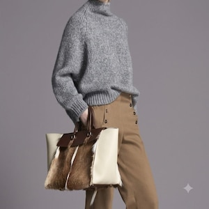 Structured Leather Tote Bag, Hair On Hide Panel Top Handle Purse Cream Brown