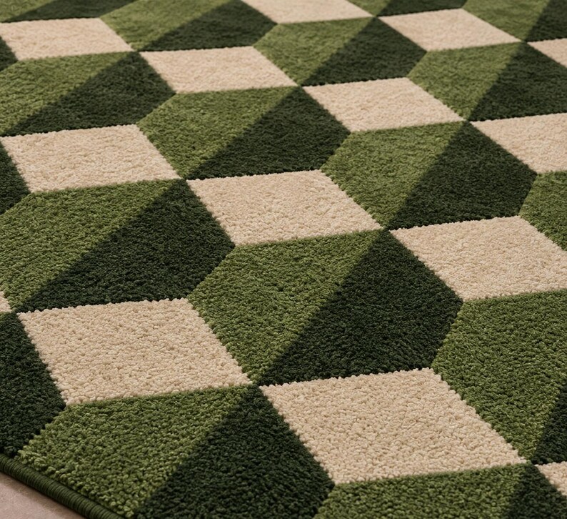 Puede incluir: Una alfombra texturizada con un patr&oacute;n geom&eacute;trico repetitivo de cubos tridimensionales. El dise&ntilde;o utiliza una paleta de colores de diamantes en verde bosque oscuro, verde oliva medio y color crema dispuestos para crear profundidad.
