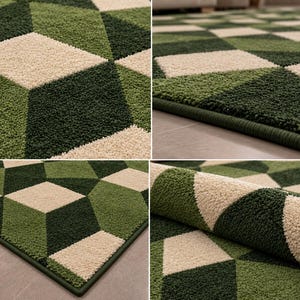 Puede incluir: Una alfombra de pelo largo con un patr&oacute;n geom&eacute;trico de diamantes y cubos en tonos verde oscuro, verde claro y crema. La alfombra tiene una textura densa y un borde rematado en color verde oscuro, mostrando un dise&ntilde;o tridimensional repetitivo.