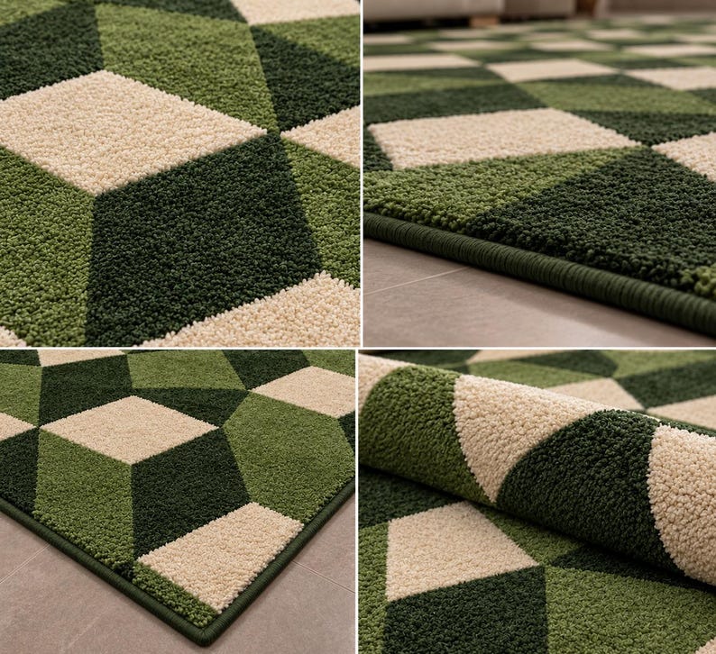 Puede incluir: Una alfombra de pelo largo con un patr&oacute;n geom&eacute;trico de diamantes y cubos en tonos verde oscuro, verde claro y crema. La alfombra tiene una textura densa y un borde rematado en color verde oscuro, mostrando un dise&ntilde;o tridimensional repetitivo.