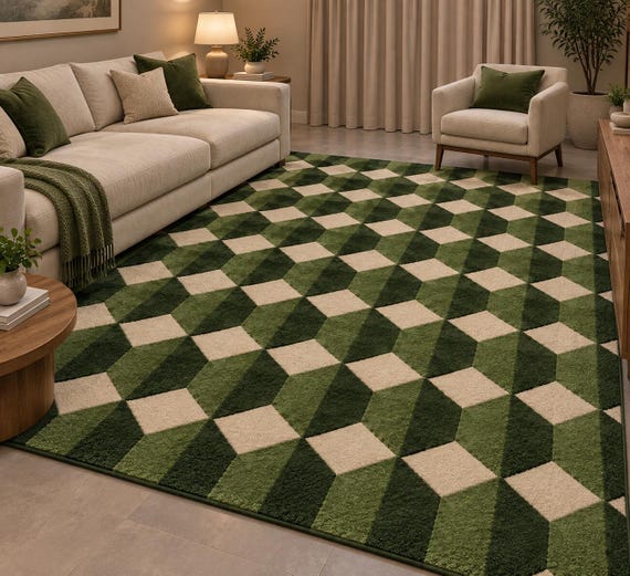 Green Geometric Rug, Hand Tufted Wool Rug, Modern Area Rug, Olive Cream Carpet