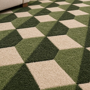 Puede incluir: Una alfombra de pelo afelpado con un patr&oacute;n geom&eacute;trico repetitivo de cubos en tonos verde bosque oscuro, verde salvia y crema. El pelo texturizado crea un efecto visual tridimensional en toda la superficie del revestimiento de suelo rectangular.