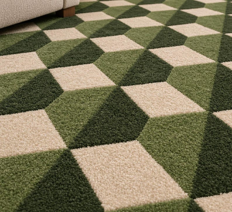 Puede incluir: Una alfombra de pelo afelpado con un patr&oacute;n geom&eacute;trico repetitivo de cubos en tonos verde bosque oscuro, verde salvia y crema. El pelo texturizado crea un efecto visual tridimensional en toda la superficie del revestimiento de suelo rectangular.