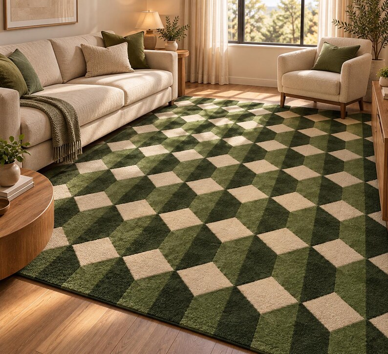 Puede incluir: Una alfombra rectangular con un patr&oacute;n geom&eacute;trico repetitivo de cubos tridimensionales en tonos verde bosque, verde oliva y crema. La alfombra tiene una textura de pelo corto y cubre una gran parte de la superficie del suelo de la habitaci&oacute;n.