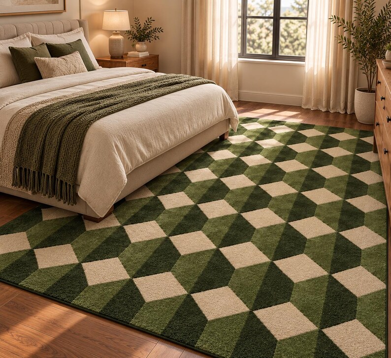 Puede incluir: Una alfombra rectangular con un patr&oacute;n geom&eacute;trico de cubos tridimensionales en tonos verde bosque, verde oliva y crema. La alfombra est&aacute; colocada sobre un suelo de madera, extendi&eacute;ndose parcialmente debajo de una cama con una manta verde.