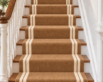 Op de afbeelding: Een traploper van effen bruin tapijt met twee verticale, crèmekleurige strepen in het midden. De loper is aangebracht op houten treden met witte balusters en een houten leuning aan de linkerzijde van de trap.