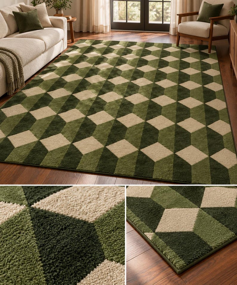 Puede incluir: Una alfombra rectangular con un patr&oacute;n geom&eacute;trico repetitivo de cubos en tonos verde oscuro, verde oliva y crema. La alfombra tiene una superficie de pelo texturizado y mechones, con un borde limpio y rematado en todo el per&iacute;metro de la pieza.