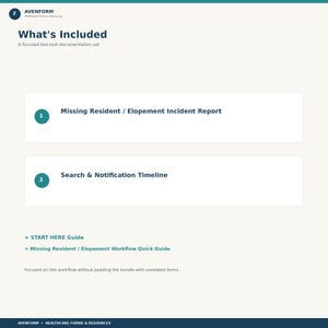 May include: A digital documentation set titled Avenform Healthcare Forms & Resources. It includes a Missing Resident / Elopement Incident Report, a Search & Notification Timeline, a START HERE Guide, and a Missing Resident / Elopement Workflow Quick Guide.