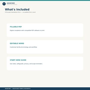 Może przedstawiać: Cyfrowa grafika informacyjna zatytułowana What's Included od Avenform Healthcare Forms & Resources. Zawiera trzy elementy: Fillable PDF do wypełniania cyfrowego, Editable Word do edycji oraz Start Here Guide z notatkami i przypomnieniami.