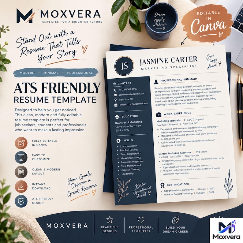 ATS Friendly Resume Template, Modern Professional CV, Canva Editable ...
