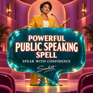 以下が含まれることがあります： 「POWERFUL PUBLIC SPEAKING SPELL」、「SPEAK WITH CONFIDENCE」、筆記体の「Scarlett」という白い文字が書かれた、光沢のあるティール色の吹き出し型看板。黄色いブレザーを着た人物の前に配置されています。